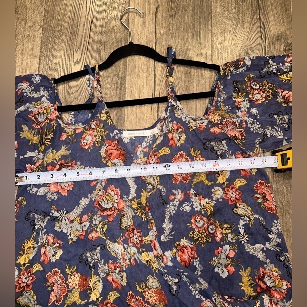 BISHOP + YOUNG BLUE ROMANTIC FLORAL BOHO COLD SHOULDER BLOUSE WOMEN'S SZ L - Picture 10 of 10